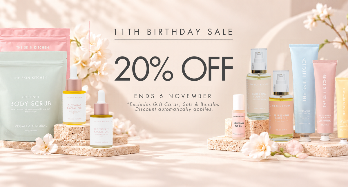 The Skin Kitchen 11th birthday sale: 20% off until 6 November. Excludes gift cards, sets and bundles. Discount automatically applies.